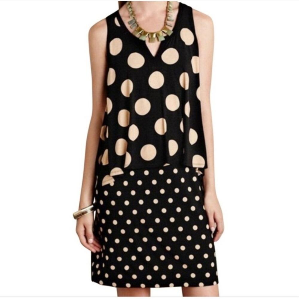 Anthropologie Maeve Polka Dot Sleeveless V-Neck Layered Mini Dress Black XS